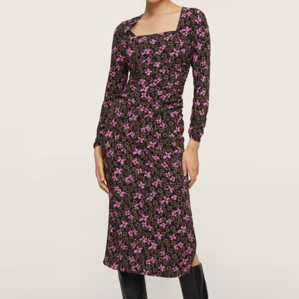 MNG Black and Purple Floral Midi Dress w/ Square Neck & Side Slit - Size 4